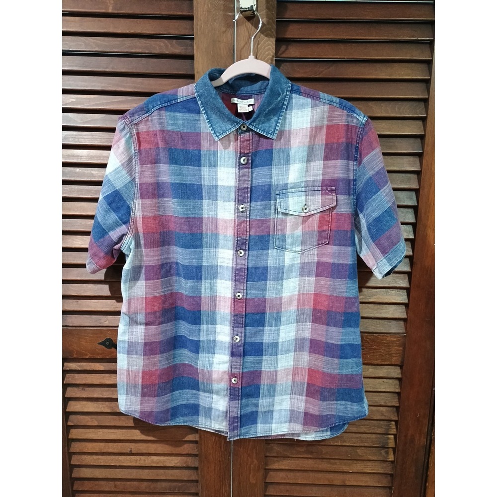 Carbon 2‎ Cobalt Men's Large Button-up Short Sleeve Shirt Red/Blue Plaid Denim